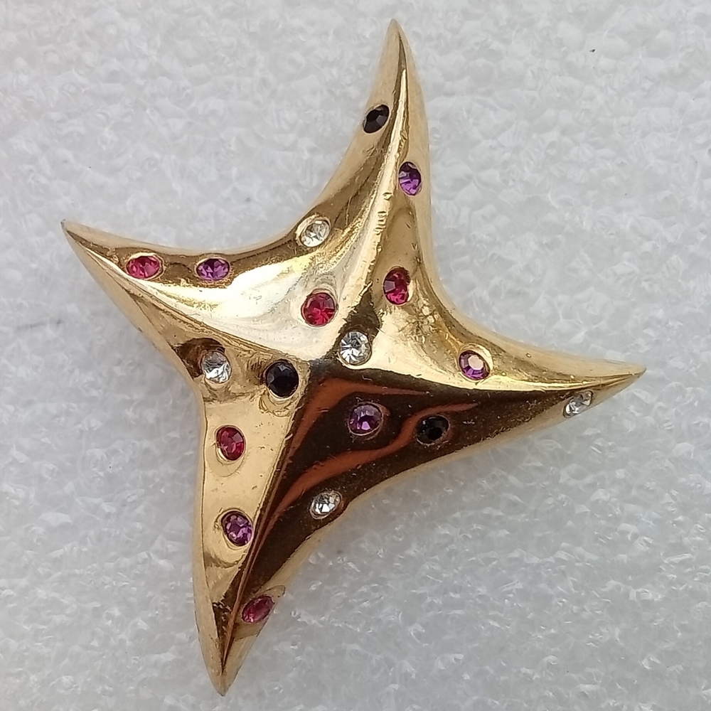 Vintage Givenchy Gold Plated Star Brooch with Multicolor Rhinestones